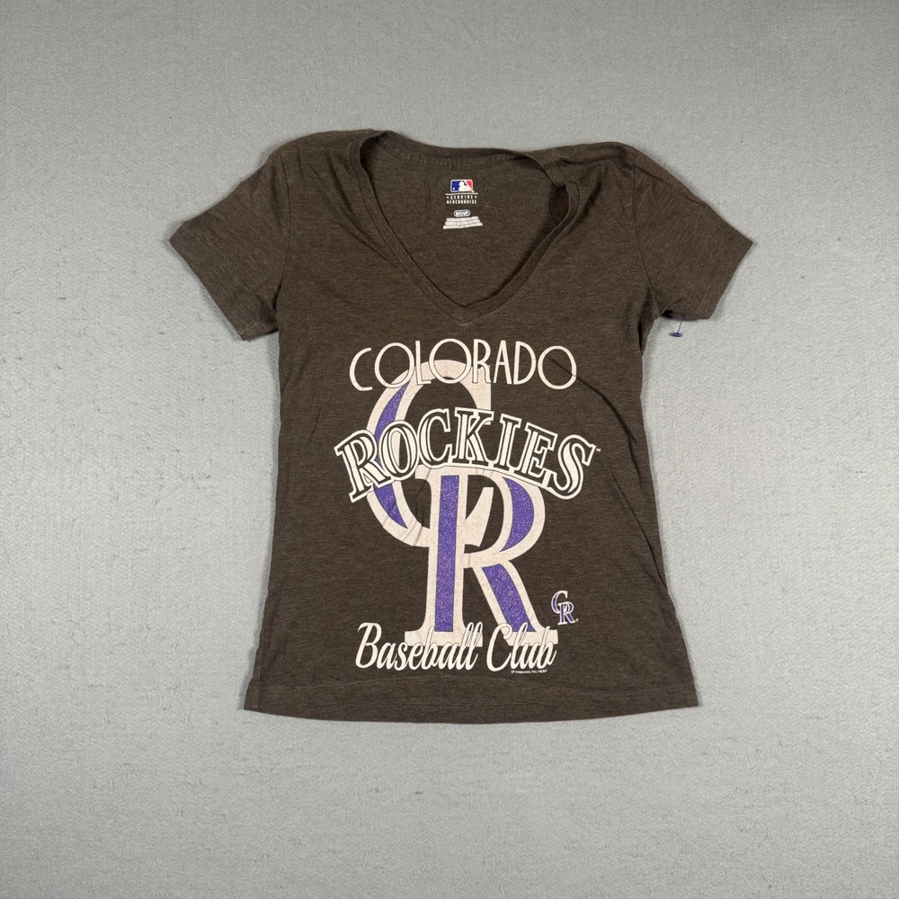 MLB Colorado Rockies T Shirt Womens Small Brown V-Neck Graphic Baseball Club Tee